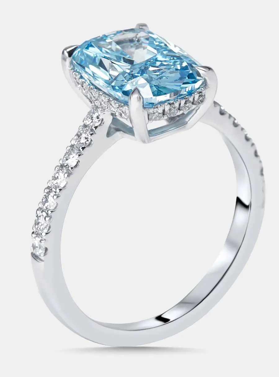 3.4 cts Vivid Blue Radiant, Round Lab Grown Diamonds 18k White Gold Ring Size 54