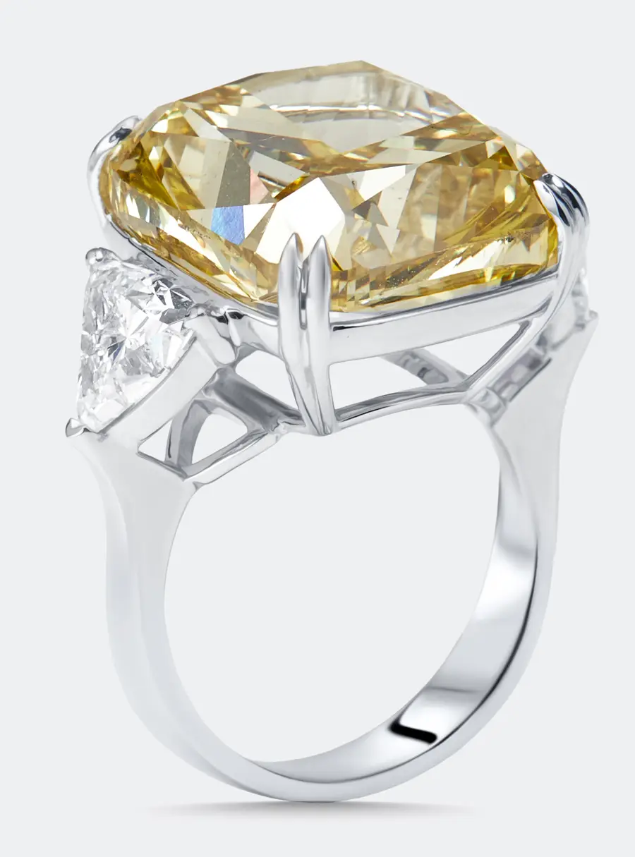 22 cts Fancy Yellow Cushion, Trillion Lab Grown Diamonds 18k White Gold Ring Size 54