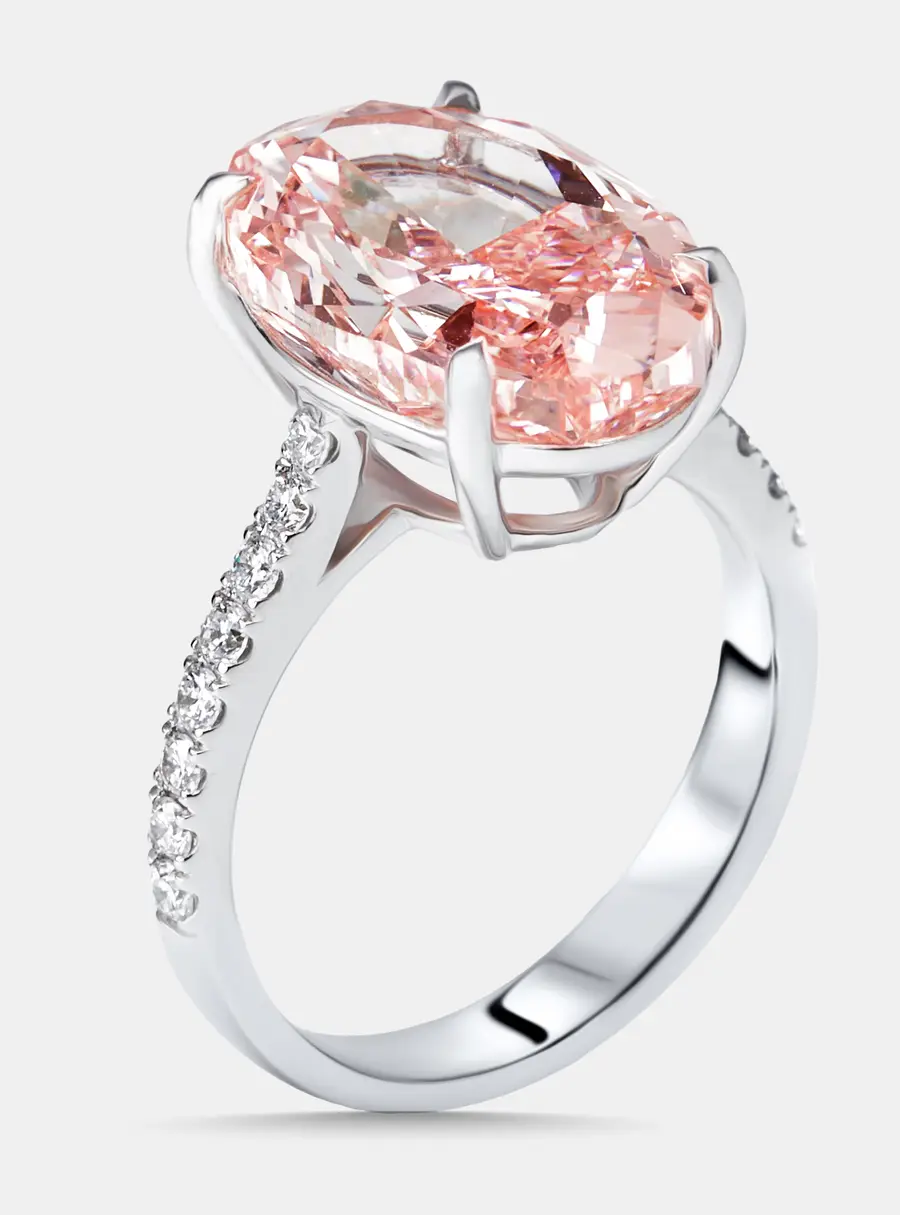 8.3 cts Pink Oval, Round Lab Grown Diamonds 18k White Gold Ring Size 54
