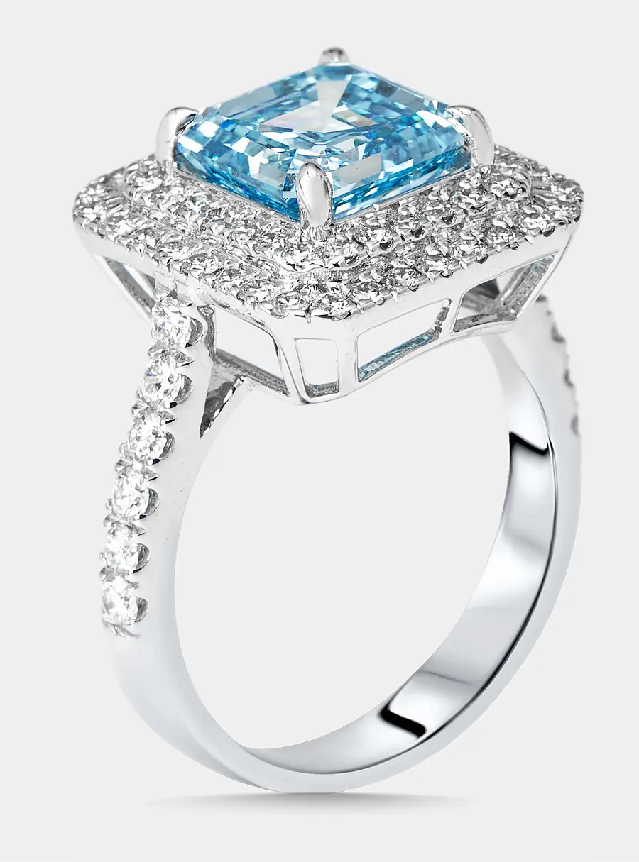 3.9 cts Vivid Blue Asscher, Round Lab Grown Diamonds 18k White Gold Ring Size 55