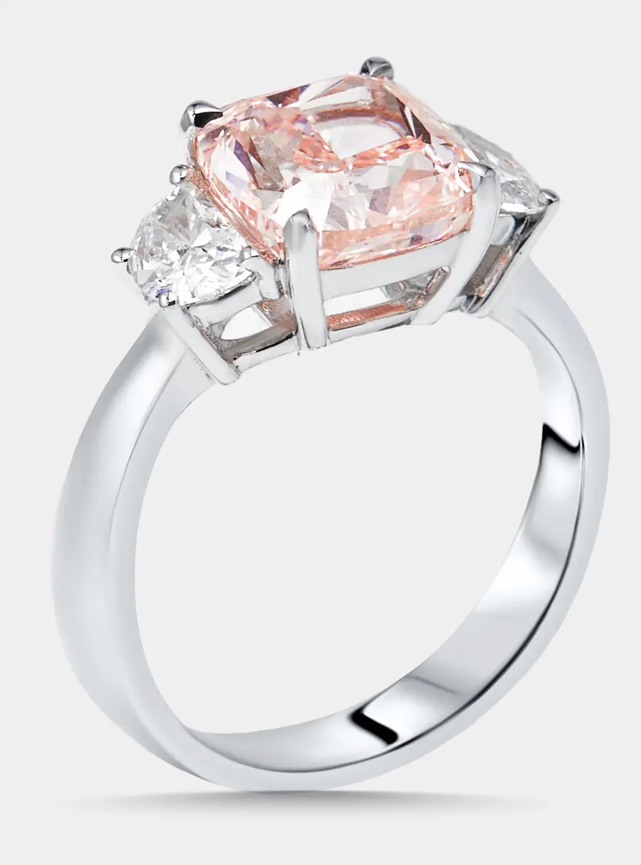3.5 cts Pink Cushion, Halfmoon Lab Grown Diamonds 18k White Gold Ring Size 55