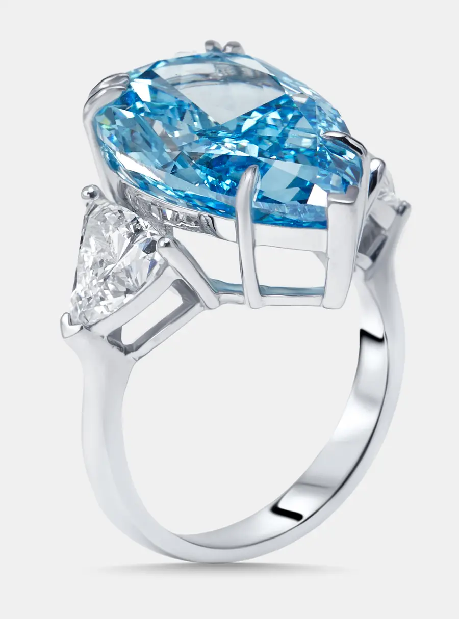 13.3 cts Vivid Blue Pear, Trillion Lab Grown Diamonds 18k White Gold Ring Size 55