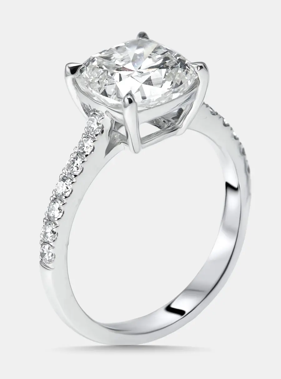 3.2 cts Cushion, Round Lab Grown Diamonds 18k White Gold Ring Size 55