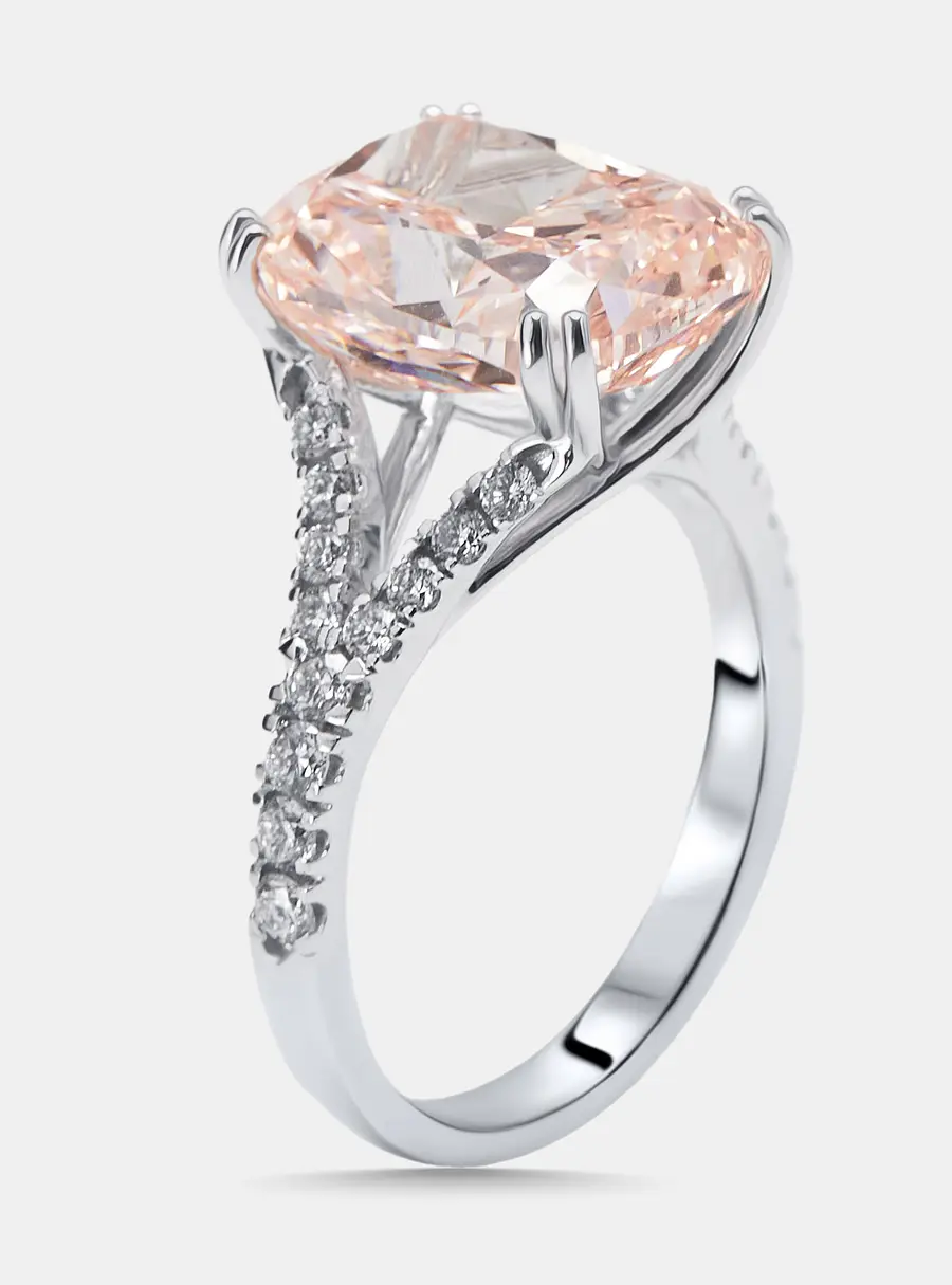 7.4 cts Pink Cushion, Round Lab Grown Diamonds 18k White Gold Ring Size 51