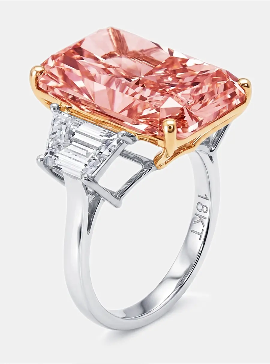 16.3 cts Pink Radiant, Trapazoid Lab Grown Diamonds 18k Two Tone Gold Ring Size 50