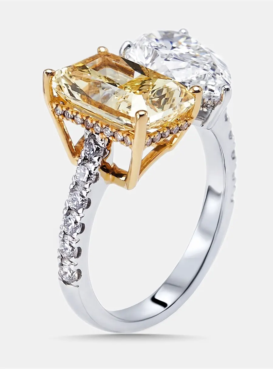 7 cts Yellow Radiant, Pear, Round Lab Grown Diamonds 18k Two Tone Gold Ring Size 52