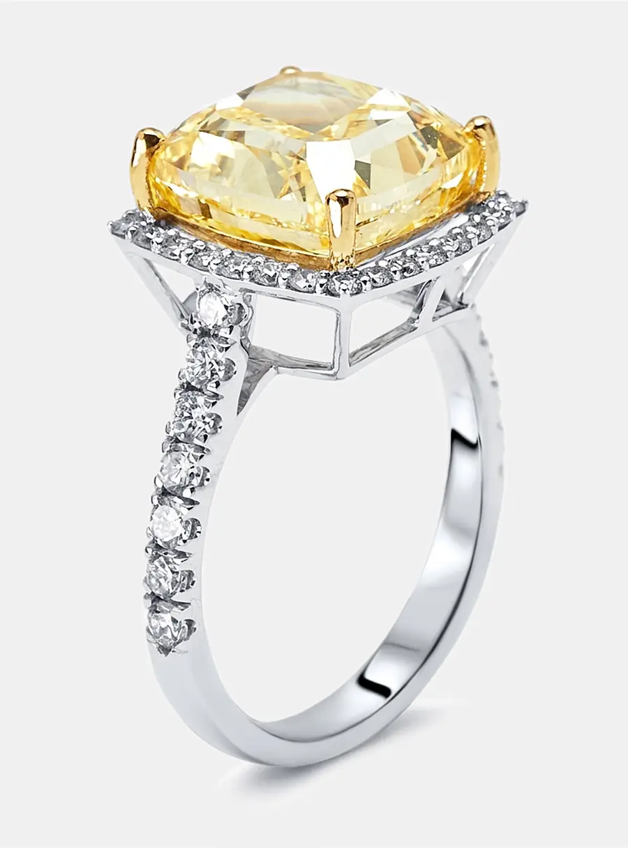 7.2 cts Yellow Cushion, Round Lab Grown Diamonds 18k Two Tone Gold Ring Size 51