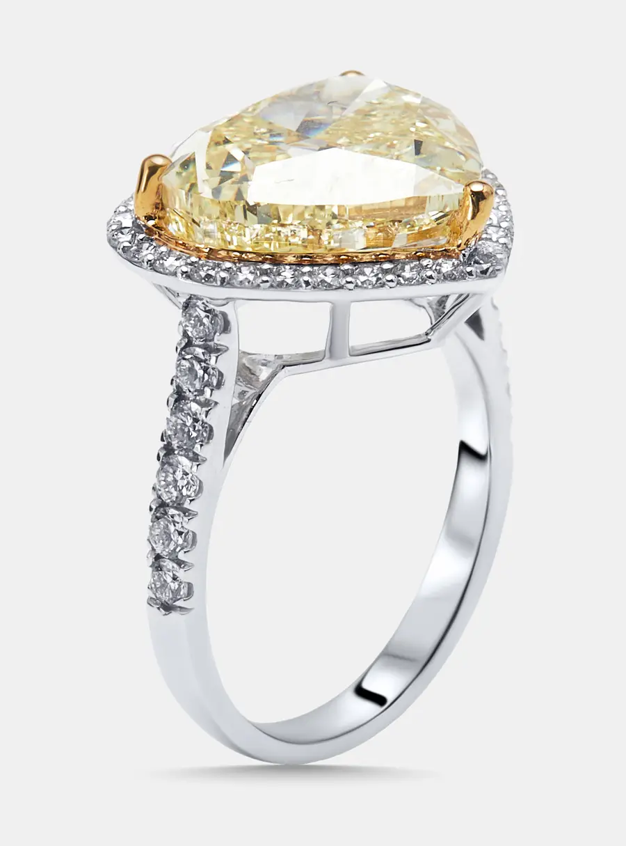 8.5 cts Yellow Heart, Round Lab Grown Diamonds 18k White Gold Ring Size 51