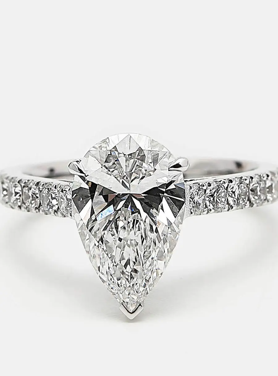 3.5 cts Pear, Round Lab Grown Diamond 18k White Gold Ring Size 50