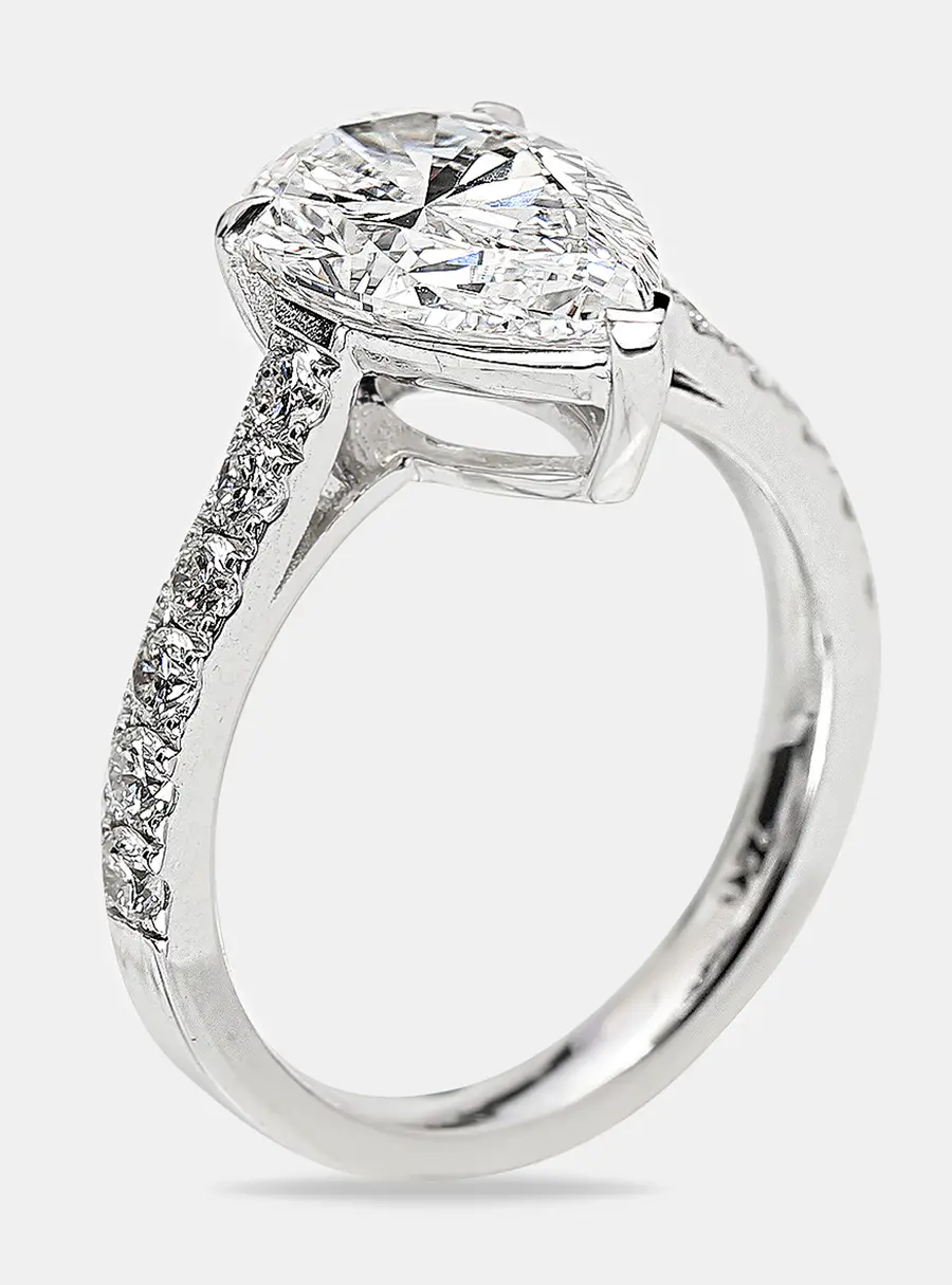 3.5 cts Pear, Round Lab Grown Diamond 18k White Gold Ring Size 52