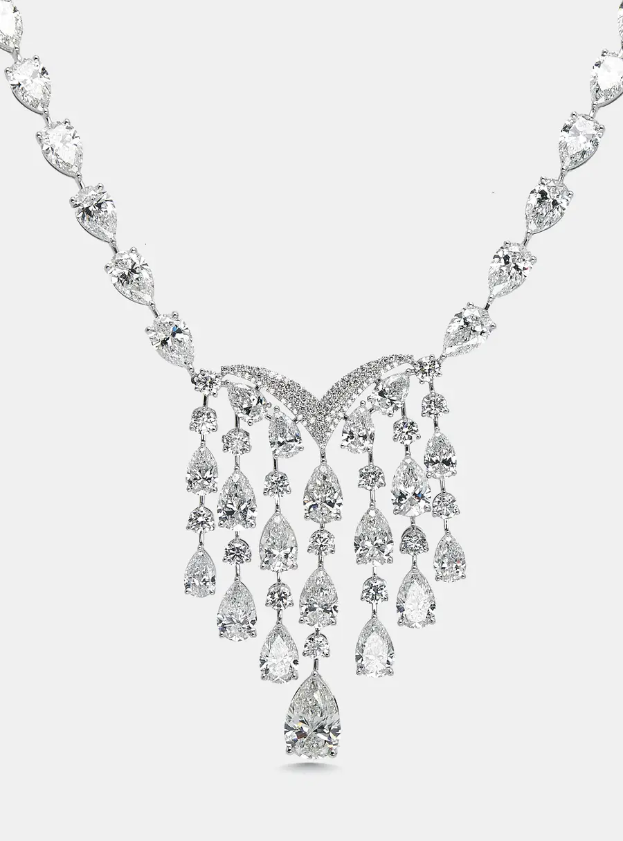 38 cts Pear, Round Lab Grown Diamonds 18k White Gold Necklace