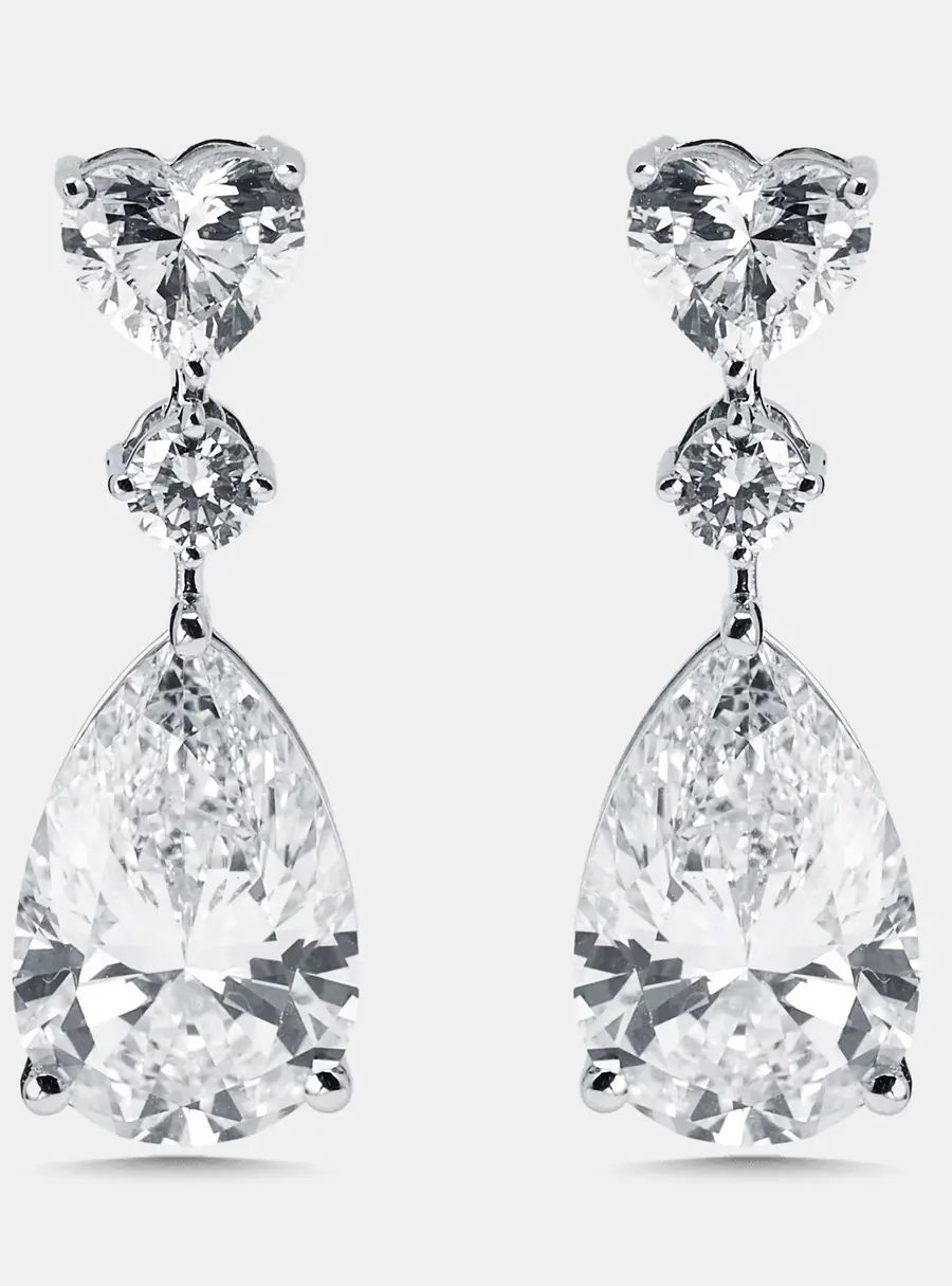 7.4 cts Pear, Heart, Round Lab Grown Diamonds 18k White Gold Earrings
