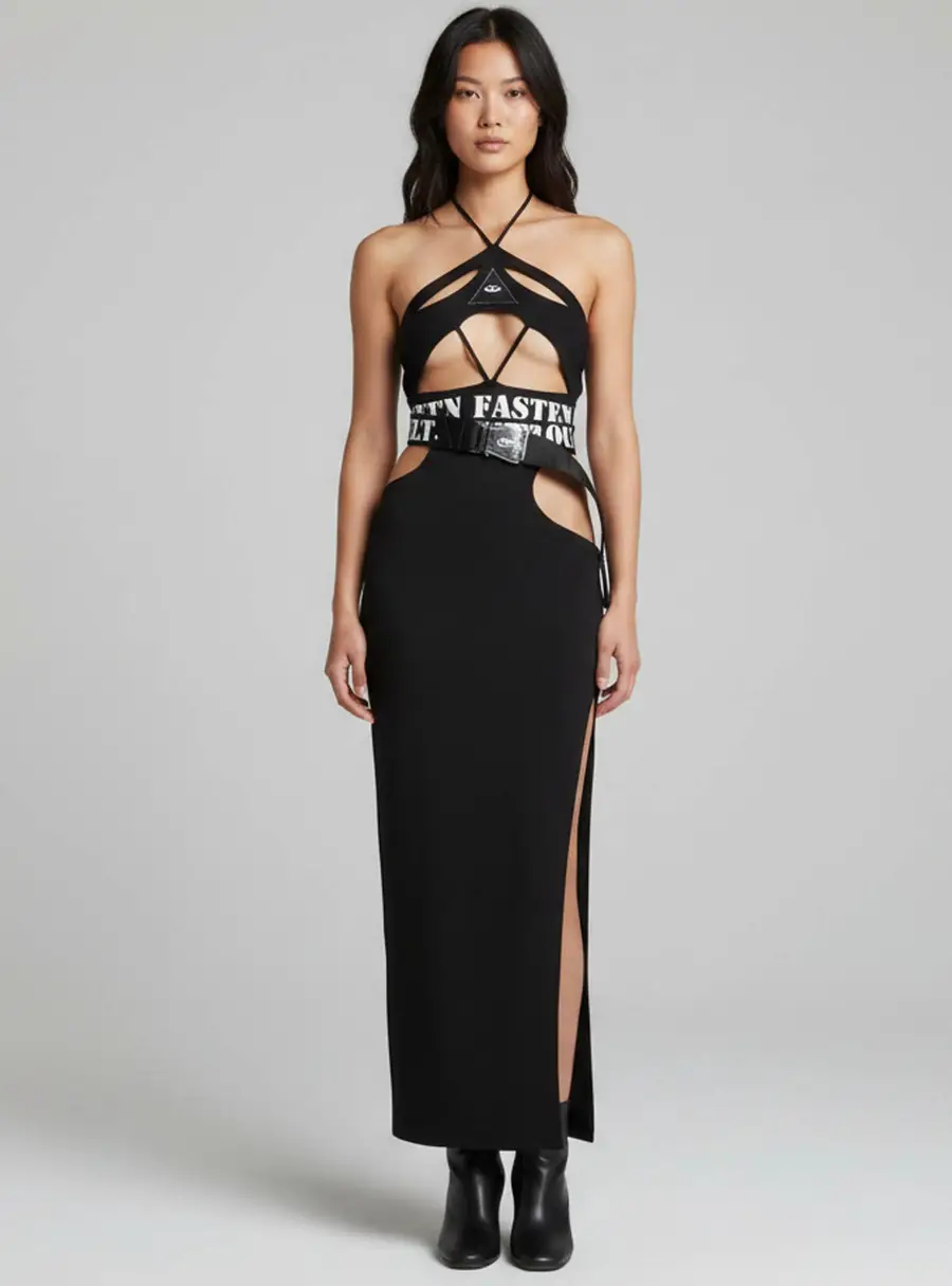 The House of Victor Black Stretch Crepe Cut Out Maxi Dress S