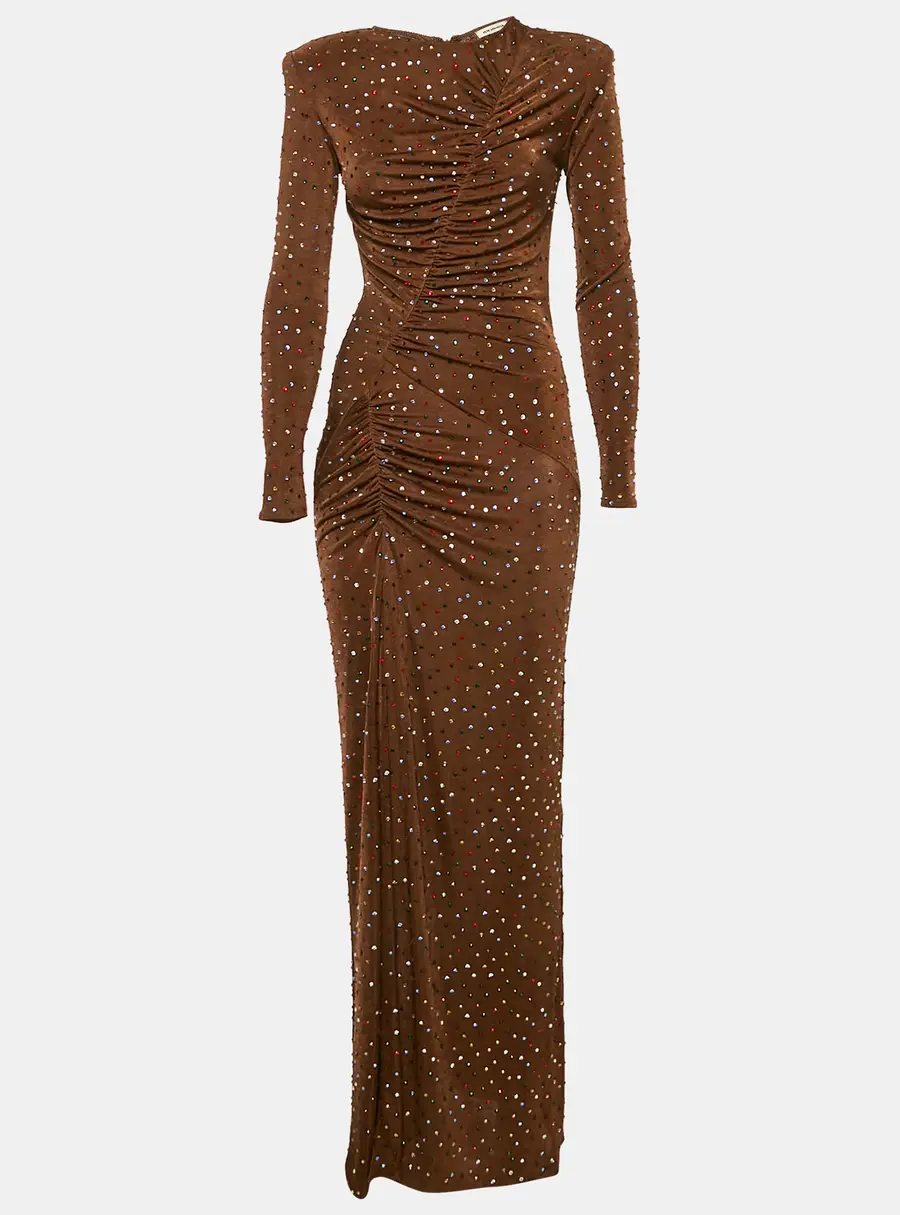 The New Arrivals By Ilkyaz Ozel Brown Jersey Rhinestone Detail Ruche Maxi Dress XS