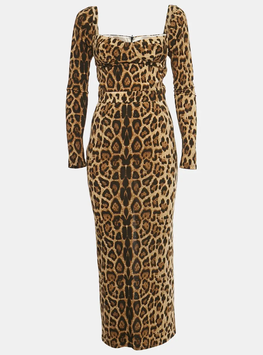 The New Arrivals Ilkyaz Ozel Brown Leopard Print Jersey Midi Dress S