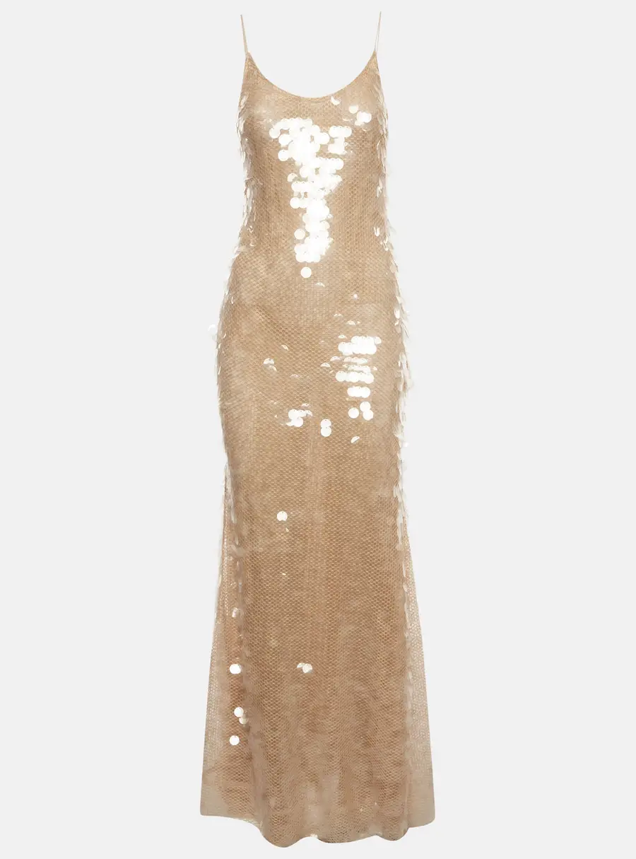 The New Arrivals By Ilkyaz Ozel Beige Sequins Mesh Gwyneth Dress S