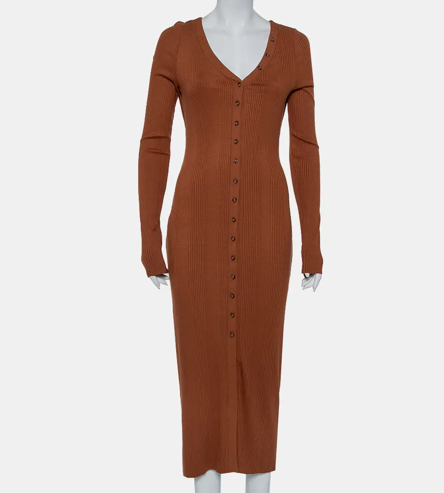 The Range Brown Rib Knit Button Front Midi Dress M
