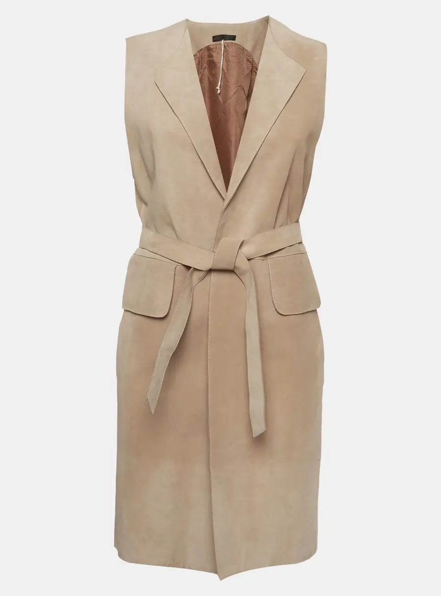 The Row Beige Suede Open Front Mid-Length Coat S