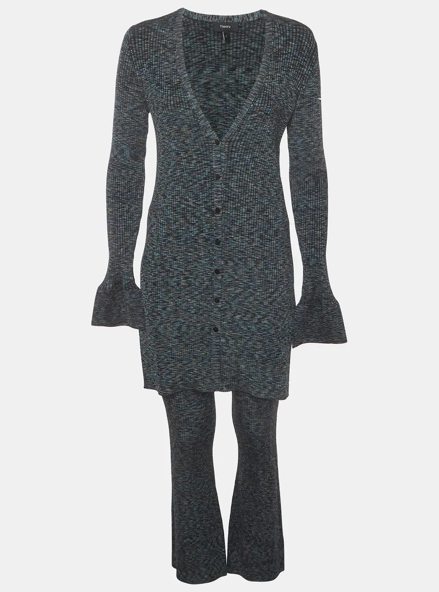 Theory Navy Blue Cable Print Rib Knit Cardigan and Pants Set L/M