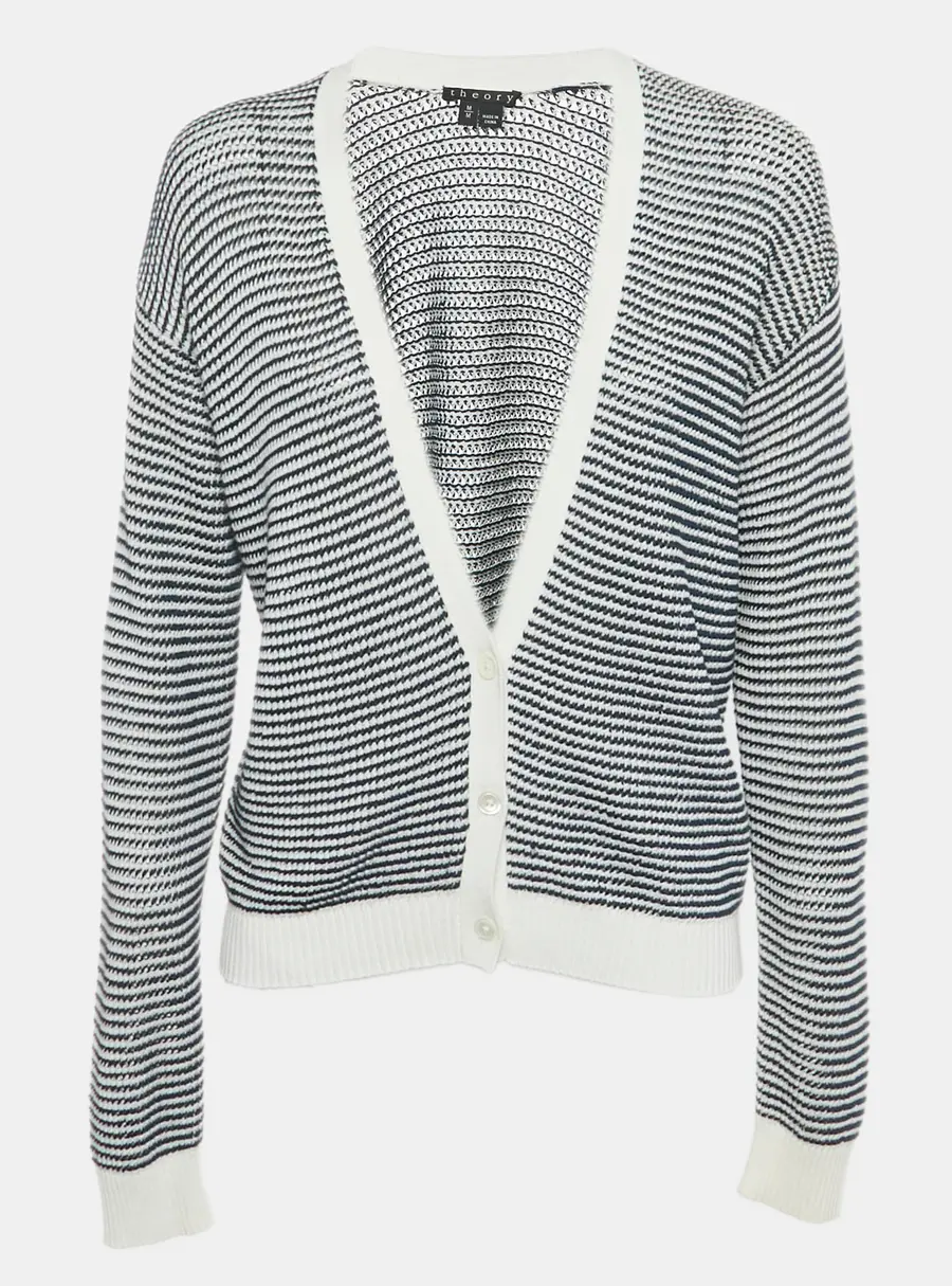 Theory Navy Blue/White Striped Knit Cardigan M