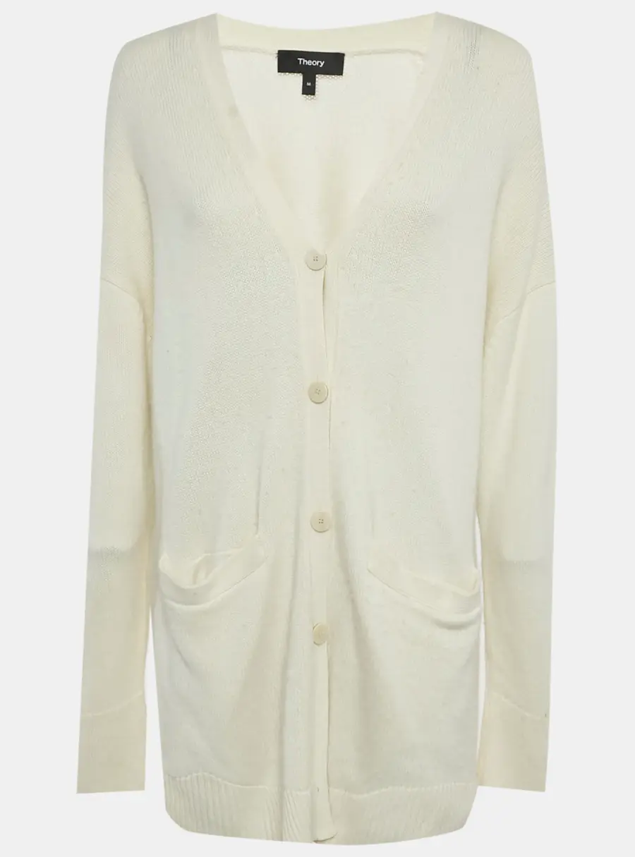 Theory Ivory Wool Knit Leather Patch Cardigan M