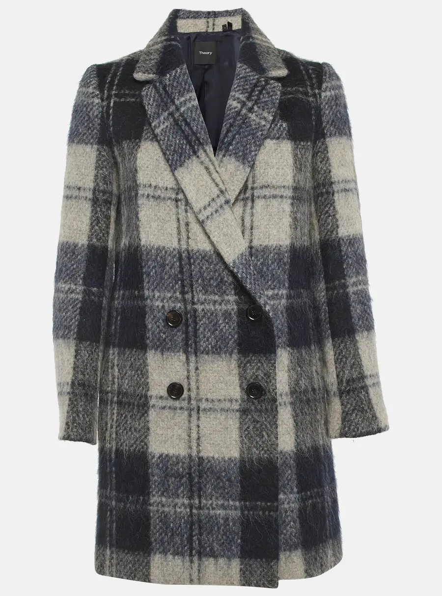 Theory Blue/Grey Plaid Pattern Wool Blend Double Breasted Coat XS