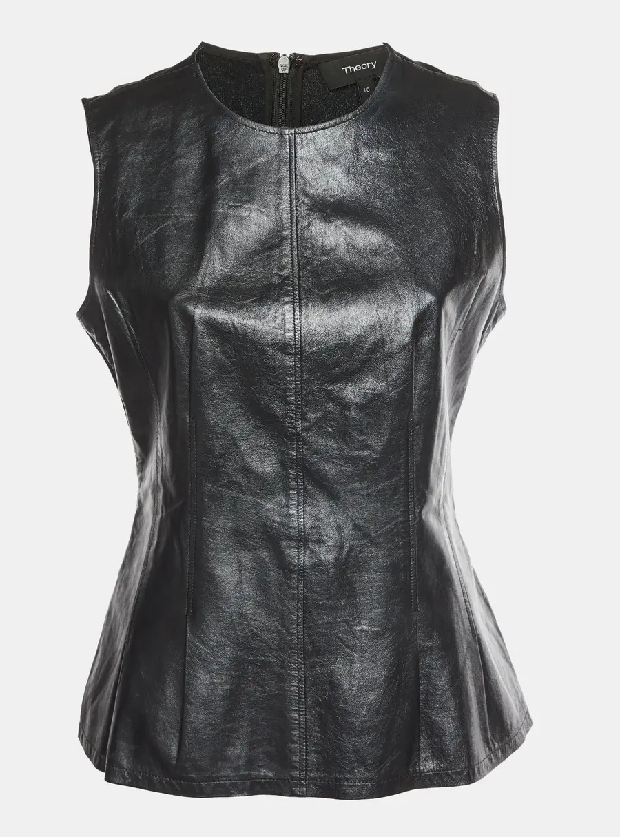 Theory Black Lambskin Leather Peplum Top M