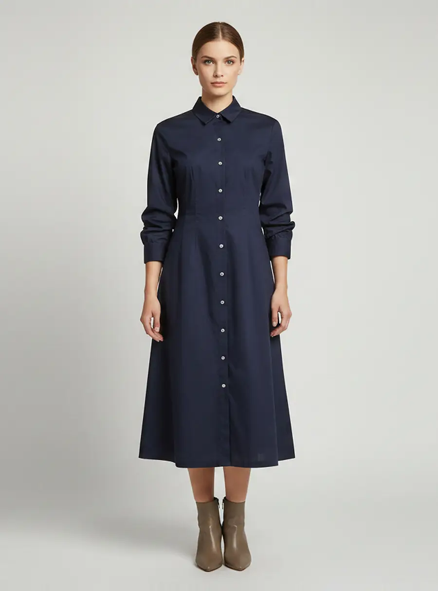 Theory Navy Blue Poplin Ruched Sleeve Midi Shirt Dress S
