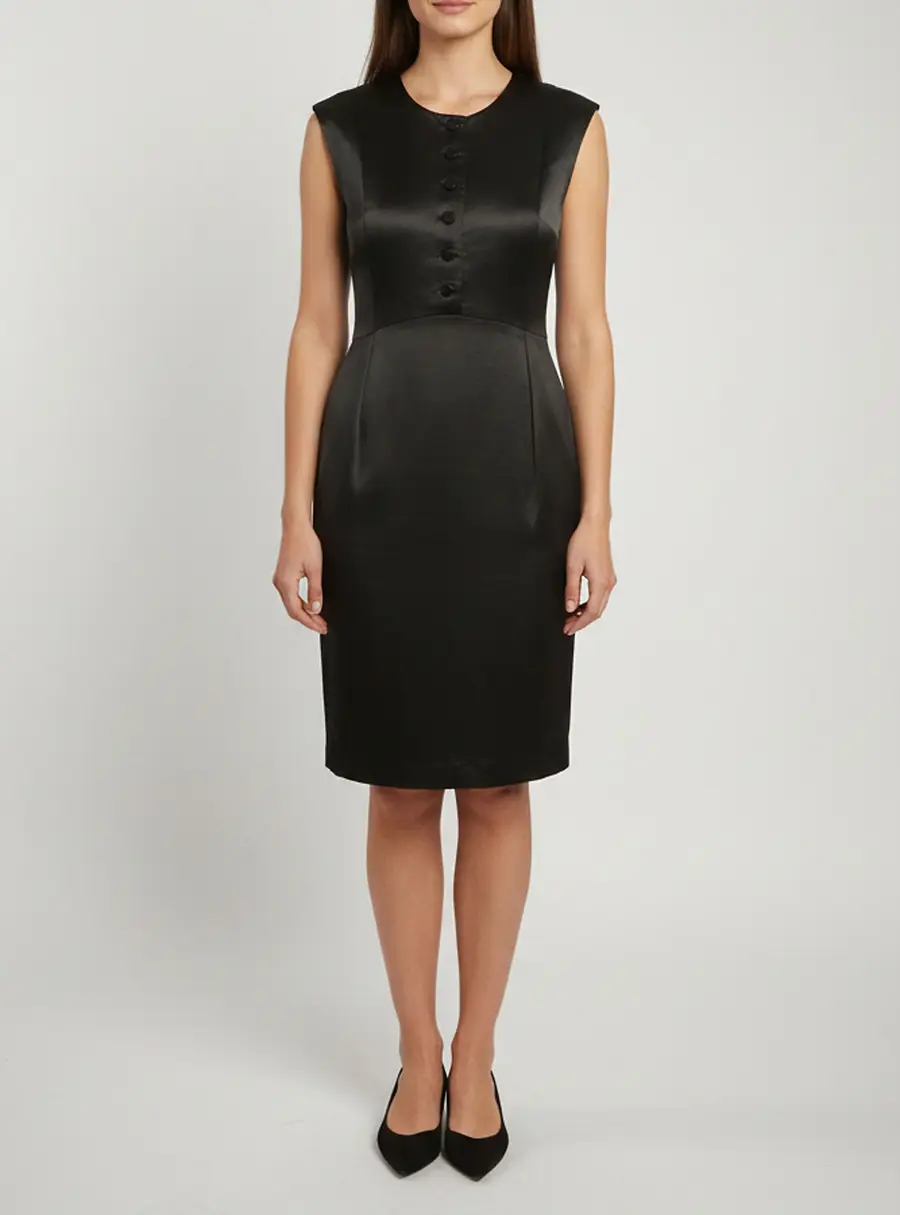 Theyskens' Theory Black Satin Button Up Knee Length Dress S