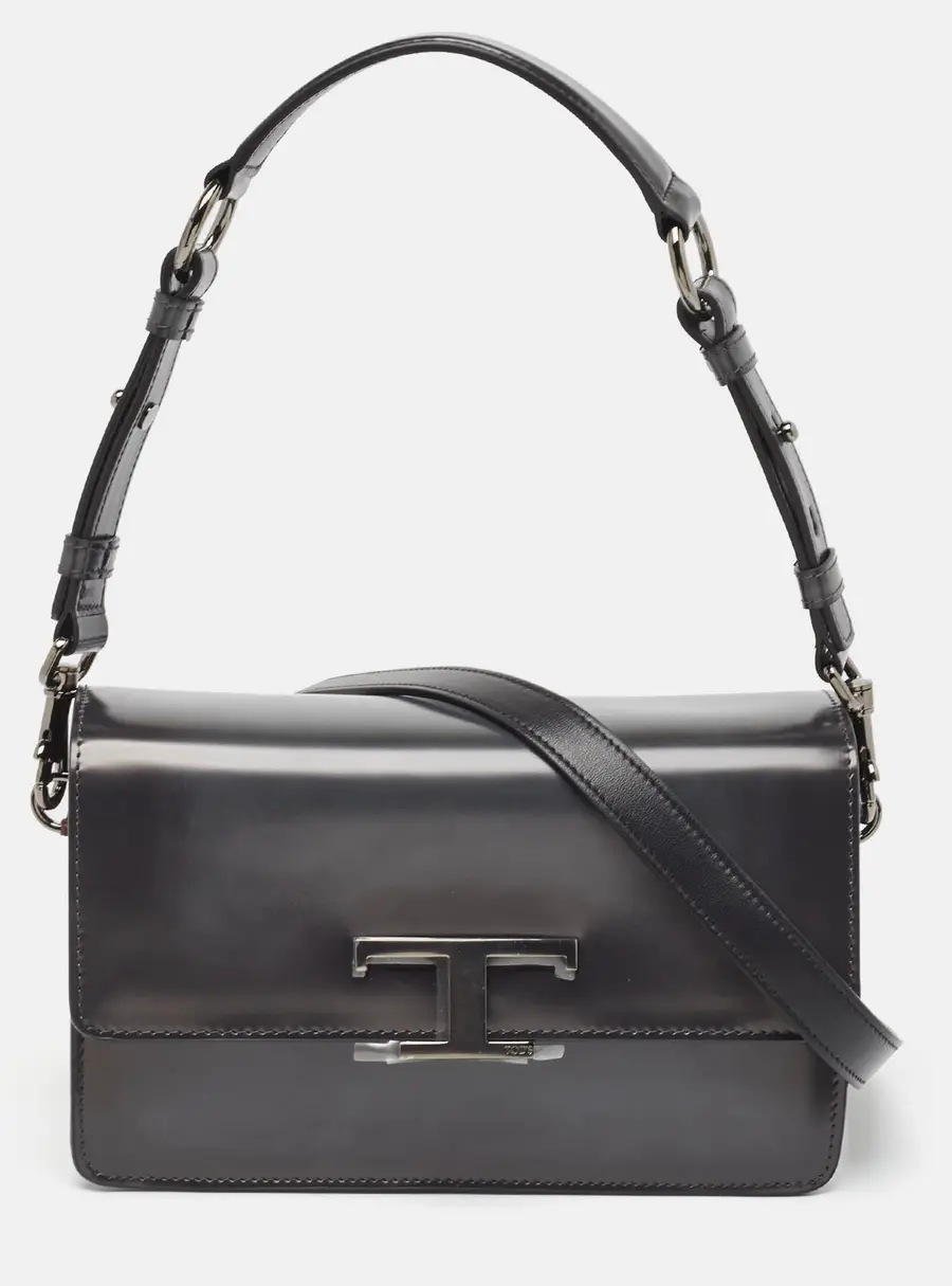 Tod's Dark Grey Leather Mini T Timeless Shoulder Bag