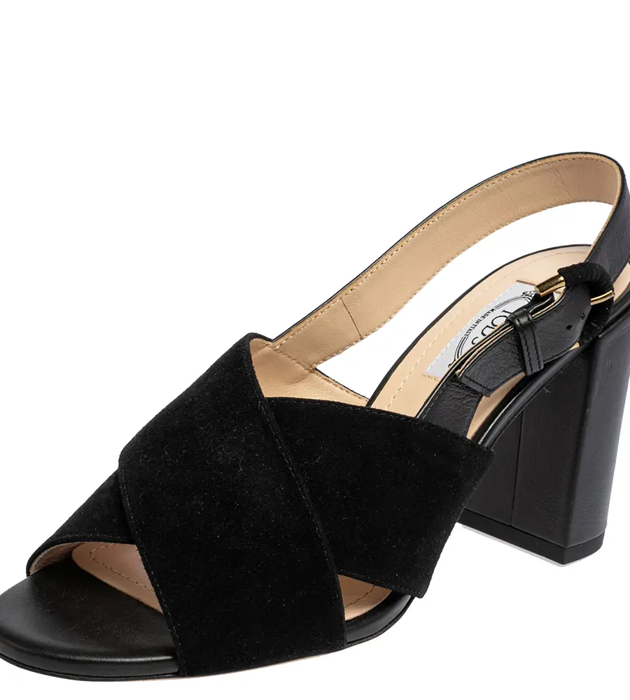Tod's Black Suede and Leather Crisscross Block Heel Slingback Sandals Size 37.5