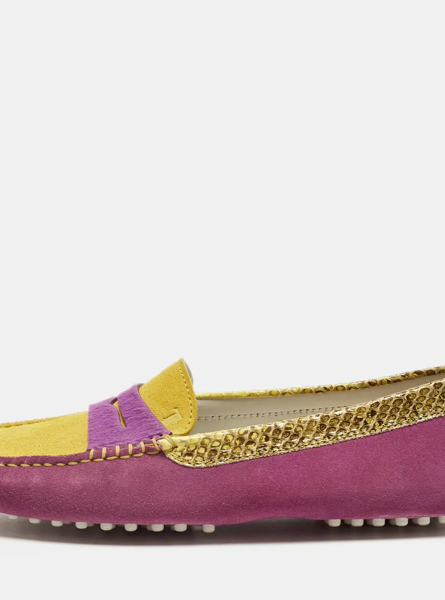 Tod's Size 36.5 Purple/Yellow Suede And Python Leather Loafers