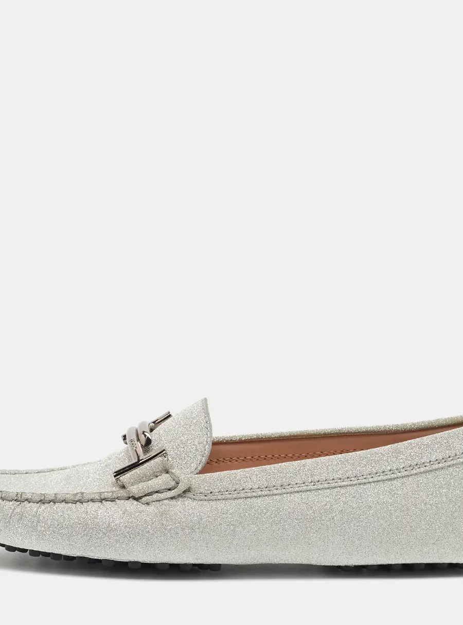 Tod's Double T Size 38.5 Silver Glitter Slip On Loafers