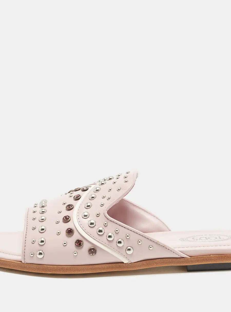 Tod's Embellished Size 37.5 Lilac Leather Flat Slides