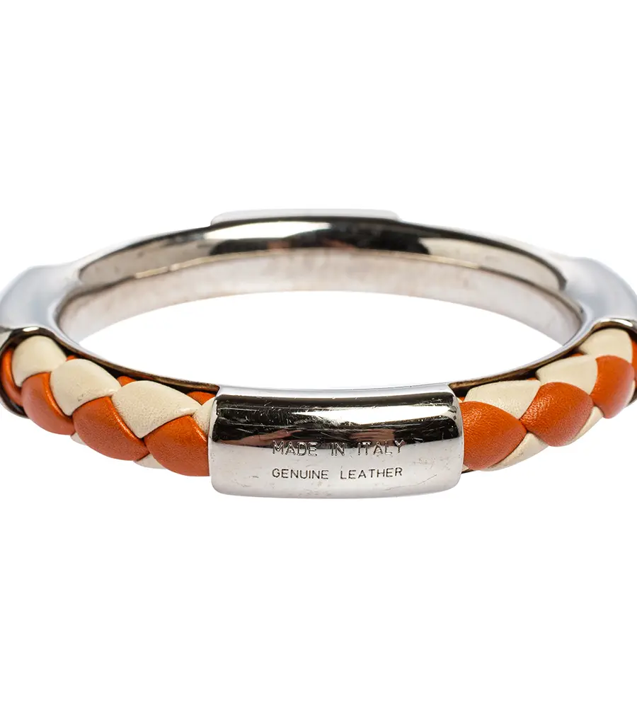 Tod's Woven Leather Silver Tone Bangle Bracelet