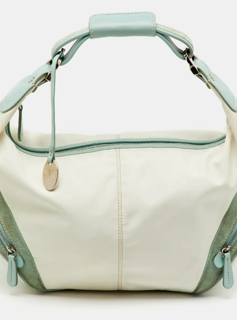 Tod's Off White/Green Nylon,Suede and Leather Charlotte Hobo