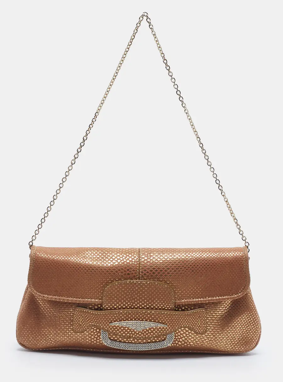 Tod's Crystal Embellished Flap Gold/Beige Karung Leather Chain Clutch