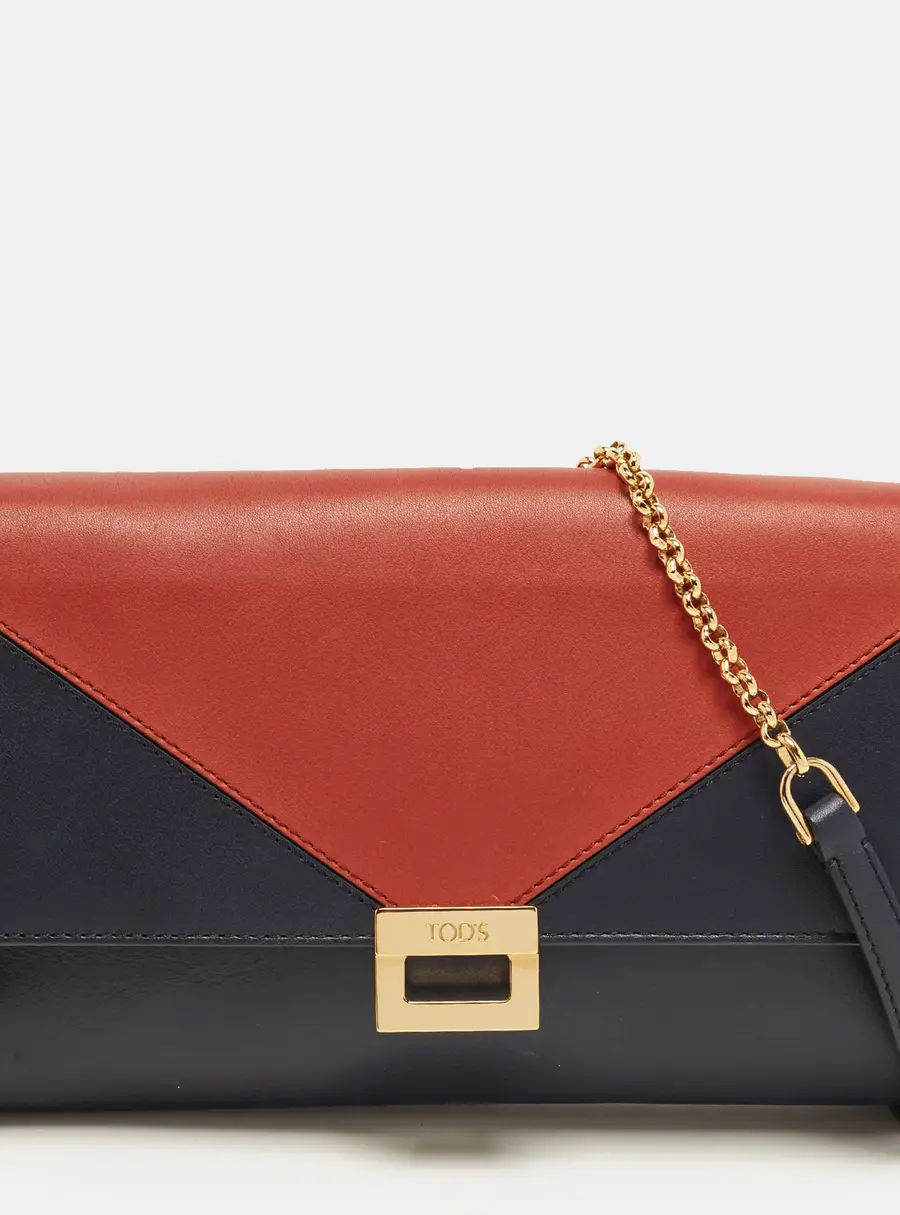 Tod's Navy Blue/Red Leather Envelope Chain Clutch