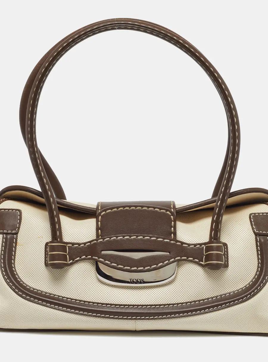 Tod's Flap Brown/Off White Canvas and Leather Satchel