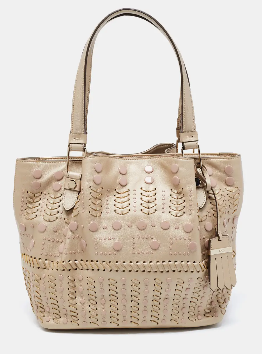 Tod's Metallic Beige Leather Small Studded Flower Tote
