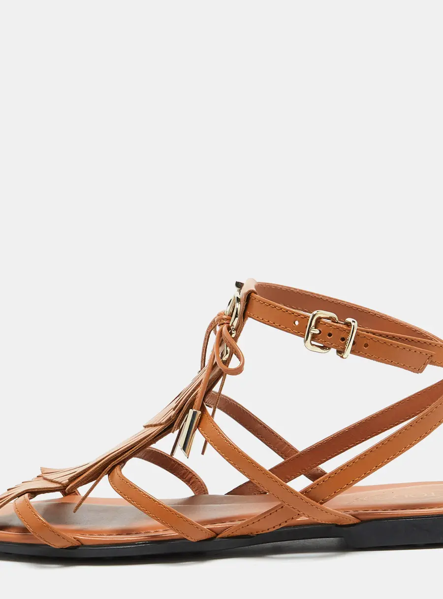 Tod's Tan Leather Fringe Logo Bow Flat Sandals Size 38.5