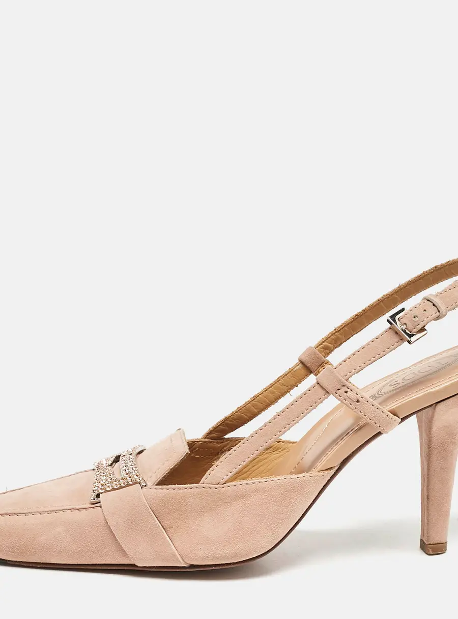 Tod's Beige Suede Crystal Embellished Pointed Toe Slingback Pumps Size 38
