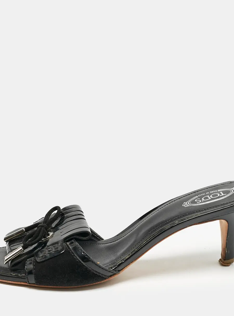 Tod's Black Patent Leather Fringe Bow Slide Sandals Size 38.5