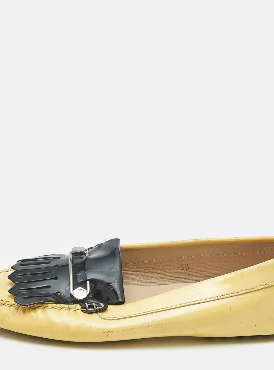 Tod's Yellow/Black Patent Leather Pin Fringe Loafers Size 38