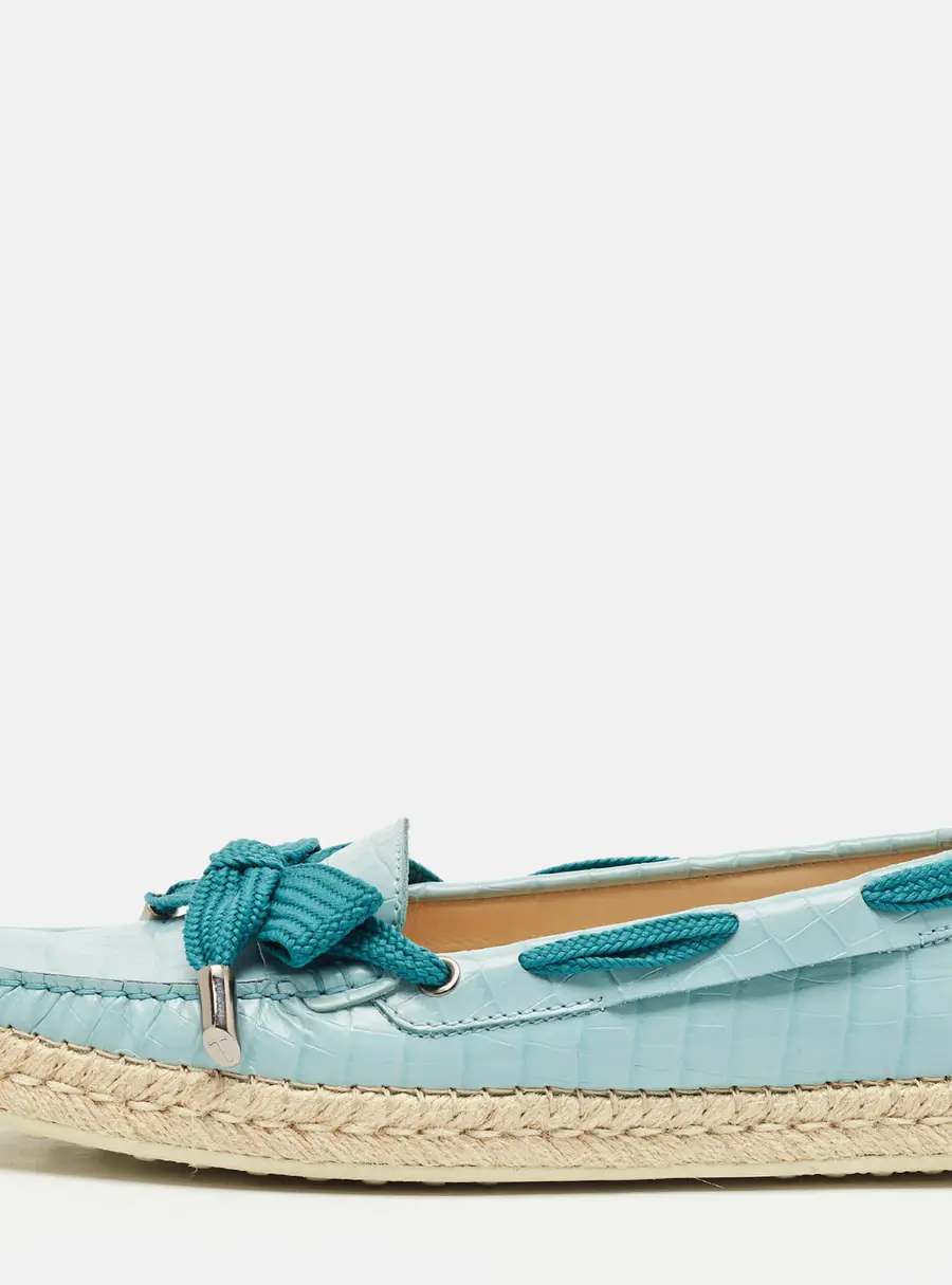Tod's Blue Croc Embossed Leather Espadrille Loafers Size 39