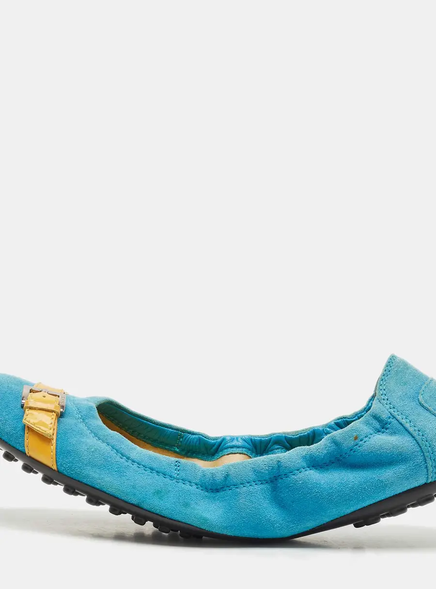 Tod's Blue/Yellow Suede and Patent Leather Trim Buckle Detail Scrunch Ballet Flats Size 36