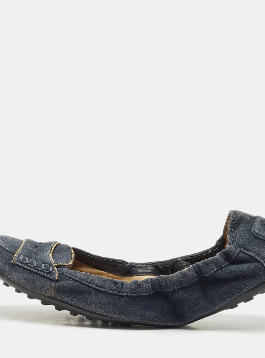 Tod's Blue Suede Buckle Scrunch Ballerina Flats Size 38.5