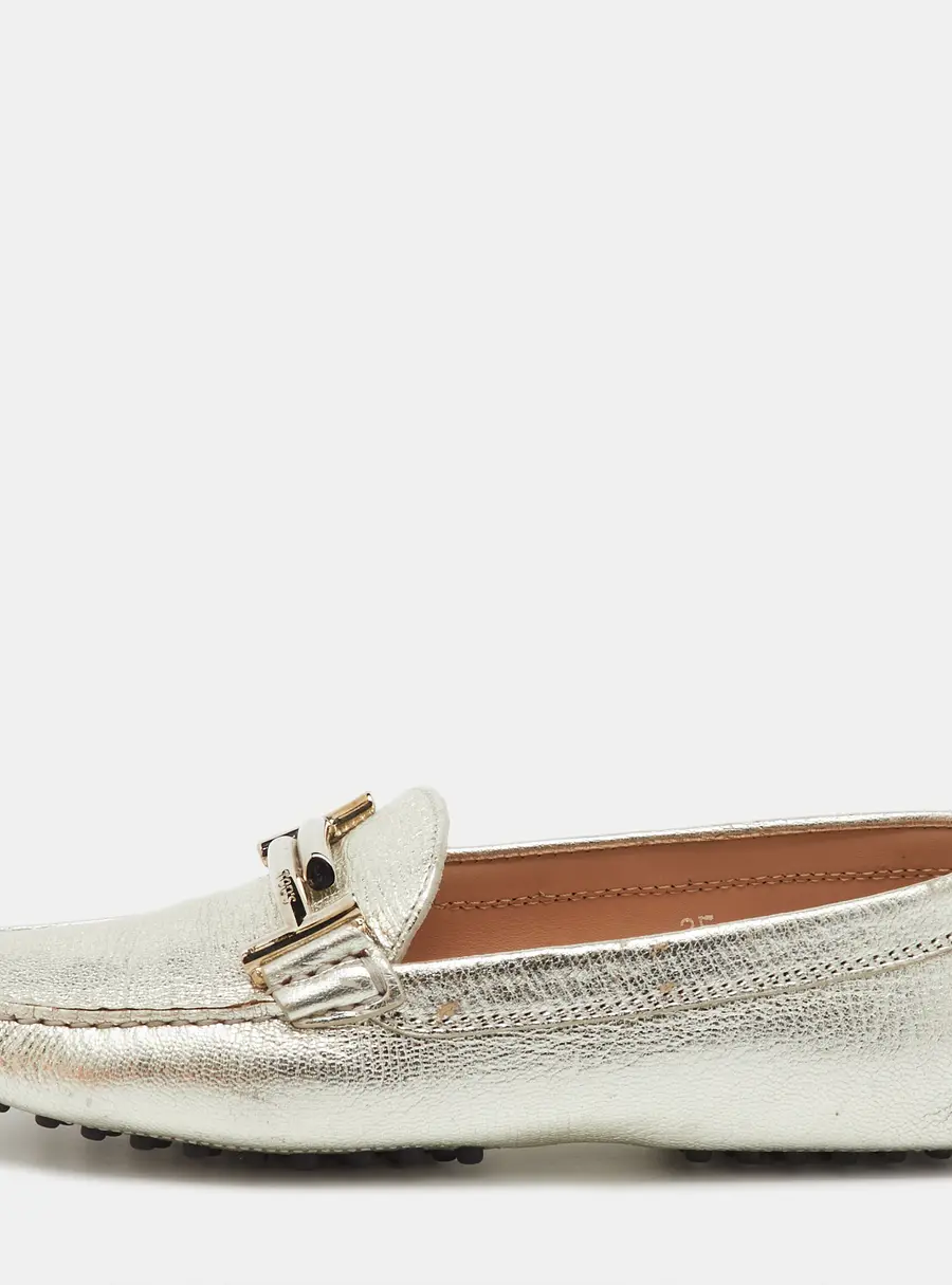Tod's Silver Leather Double T Slip On Loafers Size 35