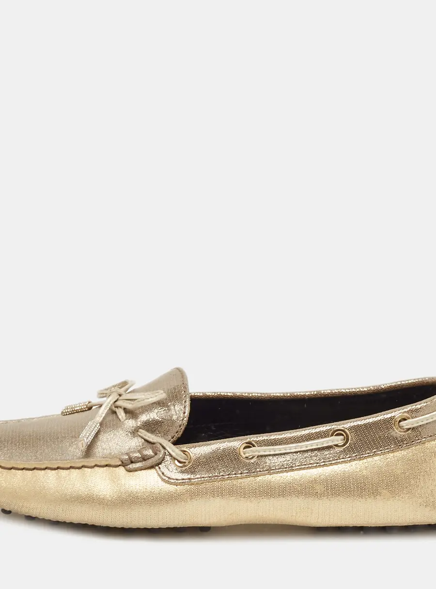 Tod's Grey/Gold Textured Suede Bow Slip On Loafers Size 38