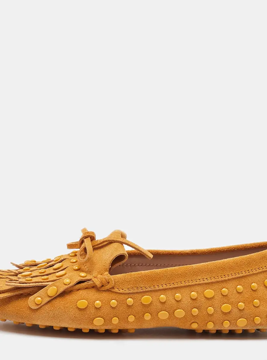 Tod's Yellow Suede Studded Fringe Bow Slip On Loafers Size 36
